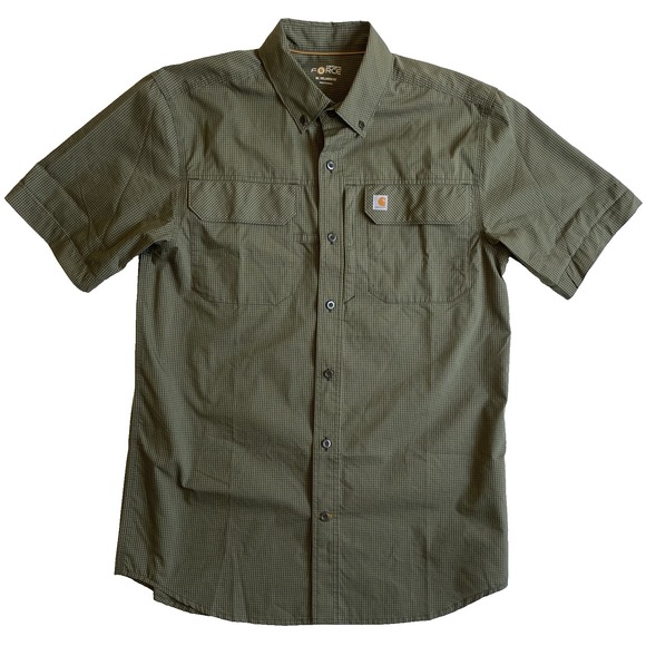 Carhartt Force Mens Relaxed Fit Short Sleeve Buttoned Green Plaid Shirt, M - Picture 1 of 10
